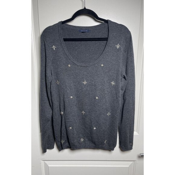 Tommy Hilfiger Gray Embellished Cotton Sweater Sz Lg - Classic  - Cozy - Preppy - Picture 1 of 8